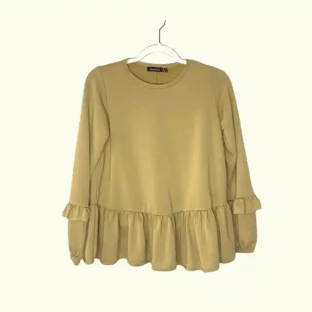 Boohoo Yellow Ruffle Flare Peplum Top With Bell Sleeve Sz 6